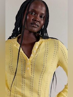 Free People Madi Pointelle Knit Polo~ 🍋 Cream